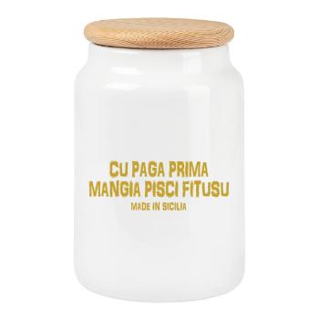 Trinacria T-Shirt Sizilien Sizilianisches Sprichwort - Keksdose mit Holzdeckel - Weiß - Vorne