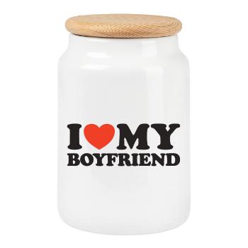 I love my boyfriend heart shirt - Cookie Jar with Wooden Lid - white - Front