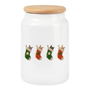 Cats in stockings for Christmas - Cookie Jar with Wooden Lid - white - Front