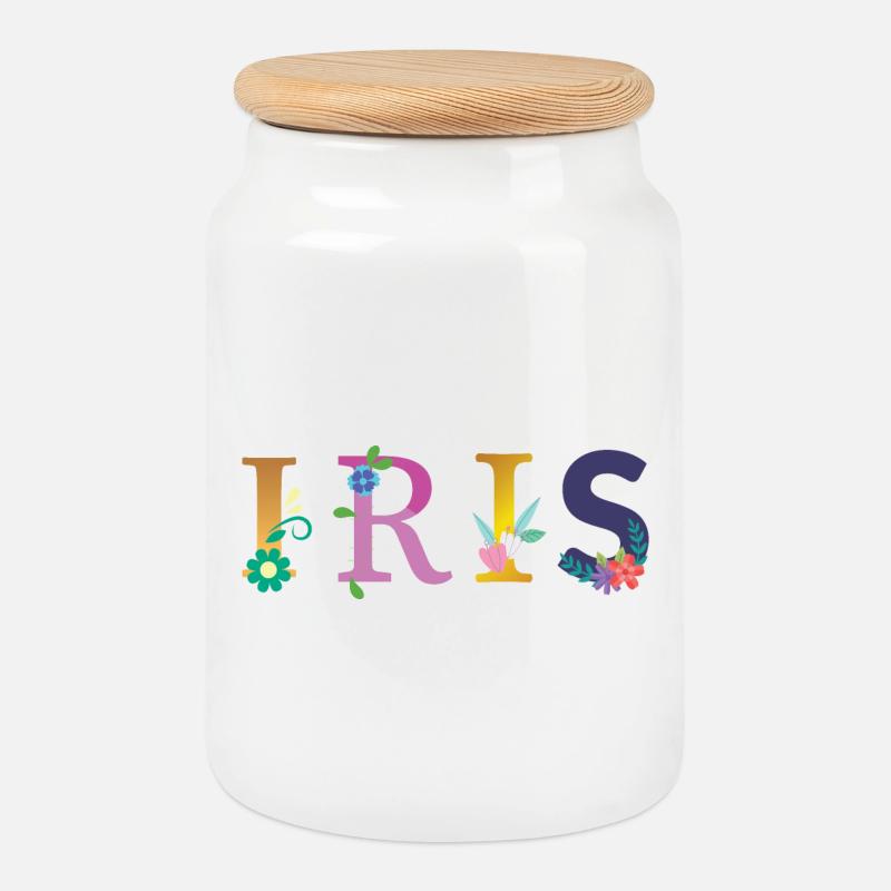IRIS Name mit Blumen geschmückt - Keksdose mit Holzdeckel - Weiß