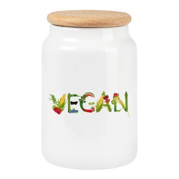 Illustration de lettrage de fruits et légumes VEGAN - Boîte à biscuits avec couvercle en bois - blanc - Devant