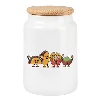 Taco Burrito Verspielte Cartoon Snack Figuren - Keksdose mit Holzdeckel - Weiß - Vorne