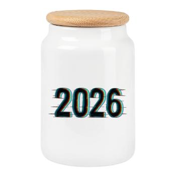 Futuristic Year 2026 Design with Neon Effect - Cookie Jar with Wooden Lid - white - Front