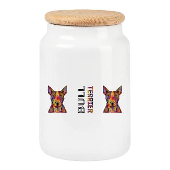 Bull terrier - Boîte à biscuits avec couvercle en bois - blanc - Devant