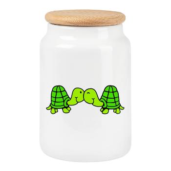 2 friends turtle love couple kissing cuddling - Cookie Jar with Wooden Lid - white - Front