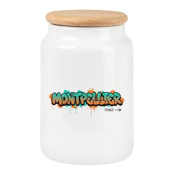 Conception du nom de la ville de Montpellier dans le style graffiti - Boîte à biscuits avec couvercle en bois - blanc - Devant