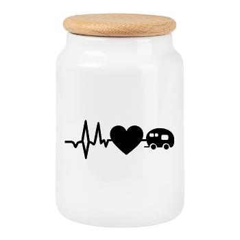 Heartbeat Camping Shirt – Heart Caravan Design - Cookie Jar with Wooden Lid - white - Front