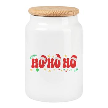 Hohoho - Chapeau de Père Noël - Boîte à biscuits avec couvercle en bois - blanc - Devant