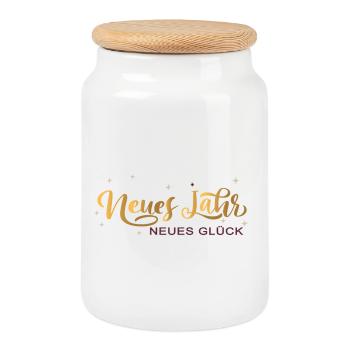 New Year, New Luck - Cookie Jar with Wooden Lid - white - Front
