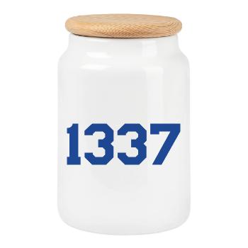 1337 – Blue Text Design - Cookie Jar with Wooden Lid - white - Front