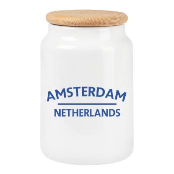 Amsterdam – Niederländisches Textdesign - Keksdose mit Holzdeckel - Weiß - Vorne