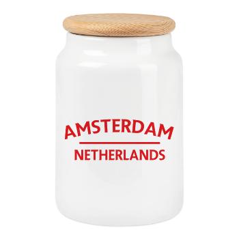 Amsterdam – Niederländisches Textdesign - Keksdose mit Holzdeckel - Weiß - Vorne