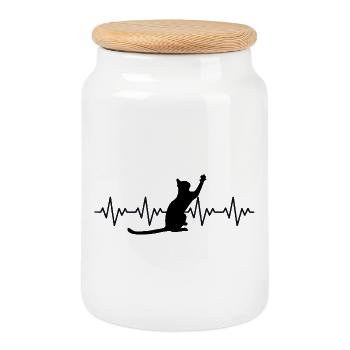 Cat ECG Heart Rate Heartbeat - Cookie Jar with Wooden Lid - white - Front