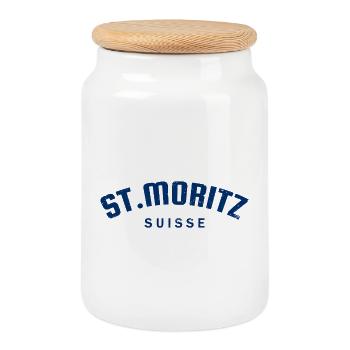 St. Moritz - Suisse - Switzerland - Swiss - Cookie Jar with Wooden Lid - white - Front