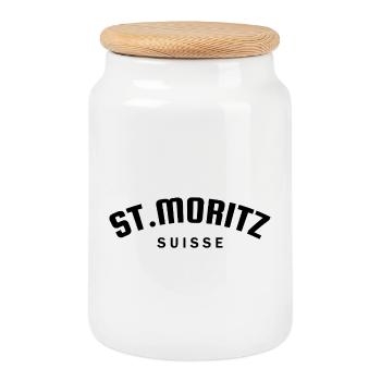 St. Moritz - Suisse - Switzerland - Swiss - Cookie Jar with Wooden Lid - white - Front