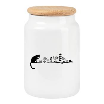 Chat & souris – Design noir minimaliste - Boîte à biscuits avec couvercle en bois - blanc - Devant