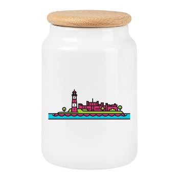 Plymouth City Skyline Smeaton's Tower Line Art - Cookie Jar with Wooden Lid - white - Front