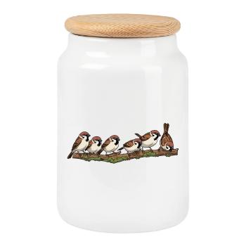 Sparrows on a branch nature illustration - Cookie Jar with Wooden Lid - white - Front
