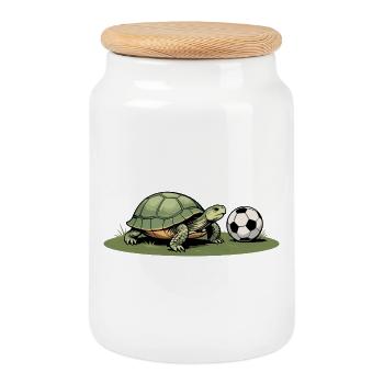 Turtle and football - Cookie Jar with Wooden Lid - white - Front
