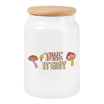Take It Easy – Retro Mushroom 70s Design - Cookie Jar with Wooden Lid - white - Front