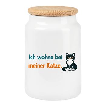 Ich wohne bei meiner Katze – Lustiges Katzenmotiv  - Keksdose mit Holzdeckel - Weiß - Vorne
