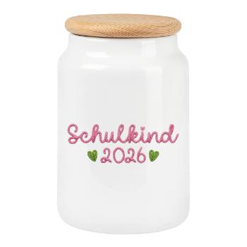 School Child 2026 with Hearts Faux Yarn Knitting Pattern - Cookie Jar with Wooden Lid - white - Front
