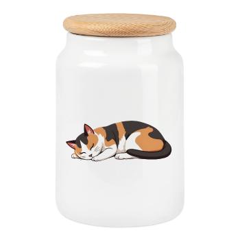 chat endormi - Boîte à biscuits avec couvercle en bois - blanc - Devant