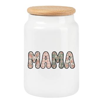 MAMA Letters Blumen und Retro Gingham | Boho - Keksdose mit Holzdeckel - Weiß - Vorne