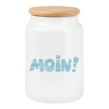 Moin! (Vintage Hell) Guten Morgen Gruß - Keksdose mit Holzdeckel - Weiß - Vorne