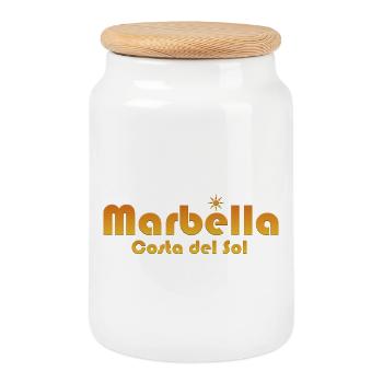Marbella Costa del Sol-Sunburst Text - Cookie Jar with Wooden Lid - white - Front