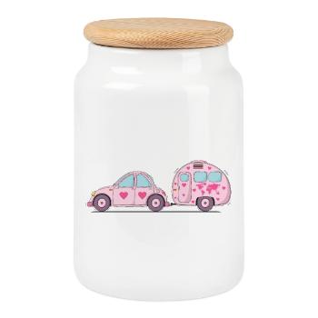 Car with caravan Pink Heart - Cookie Jar with Wooden Lid - white - Front