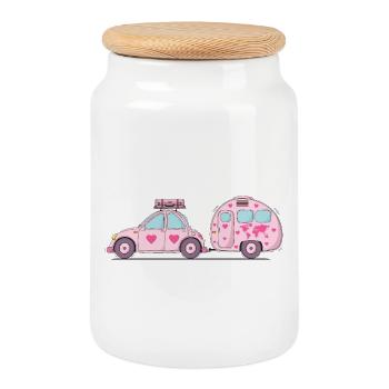 Auto mit Wohnwagen und Koffer in Rosa Herz - Keksdose mit Holzdeckel - Weiß - Vorne