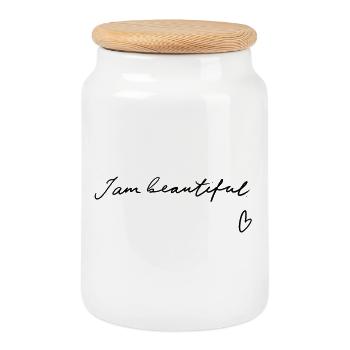 I am beautiful - Hand lettering - Cookie Jar with Wooden Lid - white - Front