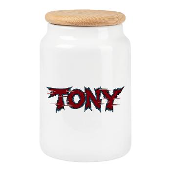 Tony Serrated Neon Logo - Cookie Jar with Wooden Lid - white - Front