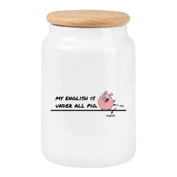 My English Is Under All Pig – Denglisch Humor - Keksdose mit Holzdeckel - Weiß - Vorne