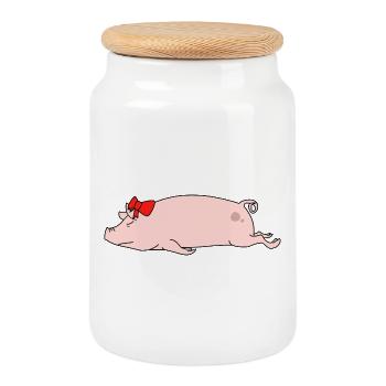 Funny Lazy Pig Sleeping Red Bow Farm Animal Humor - Cookie Jar with Wooden Lid - white - Front