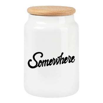 Somewhere Calligraphy Hand Lettering Design - Cookie Jar with Wooden Lid - white - Front