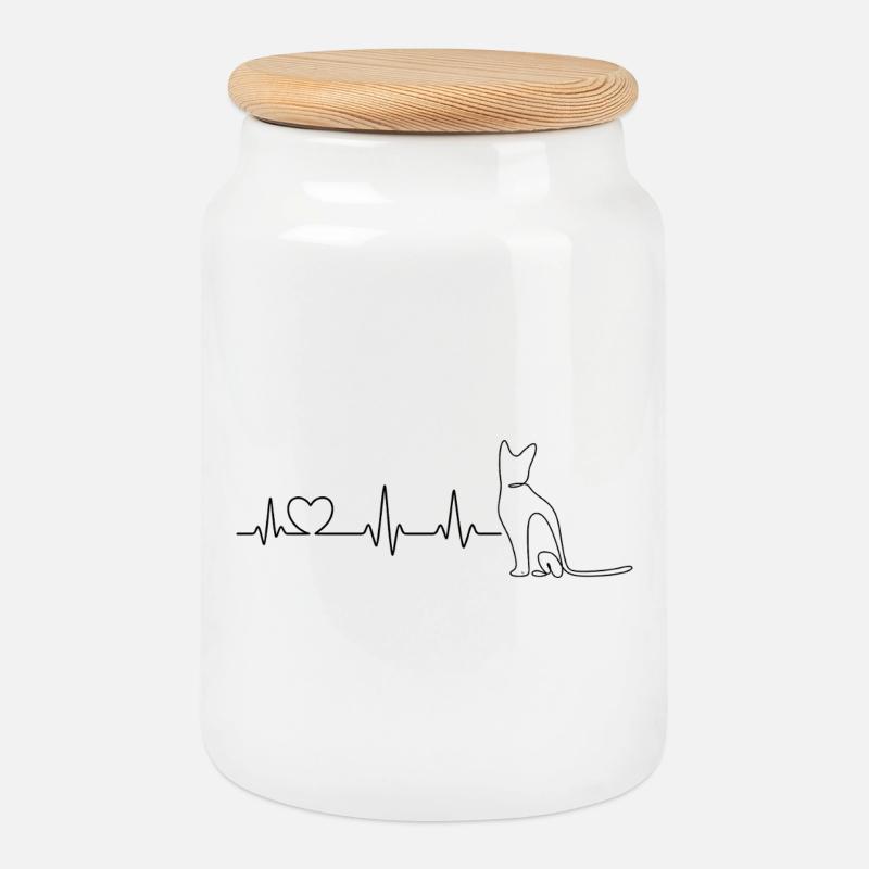 Katze Herzschlag – Line Art Design - Keksdose mit Holzdeckel - Weiß