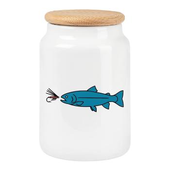 Fly Fishing Trout Bite Bait Vector - Cookie Jar with Wooden Lid - white - Front