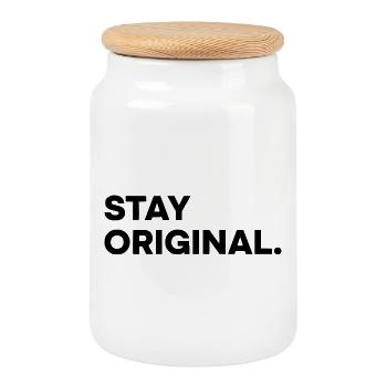 STAY ORIGINAL – Minimalist Typography Design - Cookie Jar with Wooden Lid - white - Front