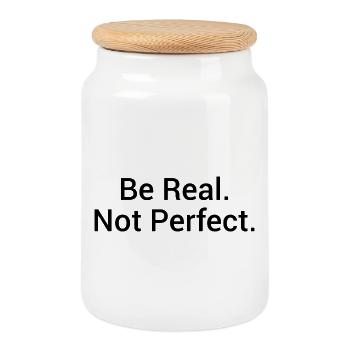 Be Real. Not Perfect. – Minimalistisches Statement - Keksdose mit Holzdeckel - Weiß - Vorne