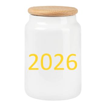 Personnaliser le modèle jaune 2026 - Boîte à biscuits avec couvercle en bois - blanc - Devant