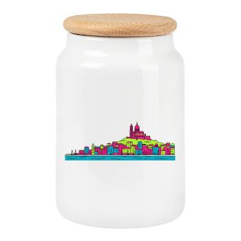 Basilique skyline de la ville de Marseille Modern Line Art - Boîte à biscuits avec couvercle en bois - blanc - Devant