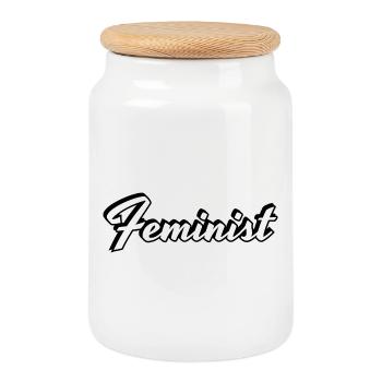  Feminist  - Cookie Jar with Wooden Lid - white - Front