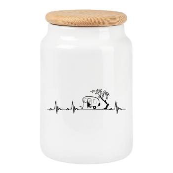 Caravan Camping Heartbeat frequency pulse ECG - Cookie Jar with Wooden Lid - white - Front