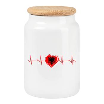 Albania Heart EKG Beat Heart Rate Gift - Cookie Jar with Wooden Lid - white - Front