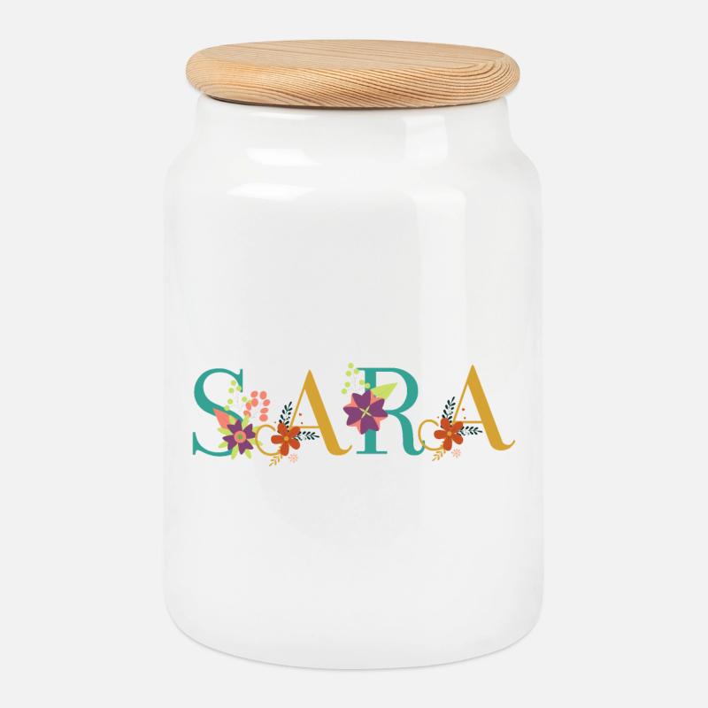 Art du nom SARA avec des fleurs brodées - Boîte à biscuits avec couvercle en bois - blanc