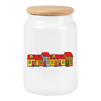 Hyggelige Häuser / Hygge-Straße - Keksdose mit Holzdeckel - Weiß - Vorne