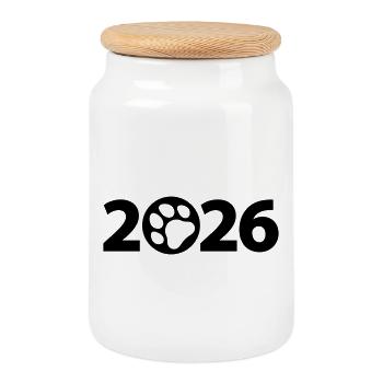 Chien 2026, Animal de compagnie 2026, Patte 2026 - Boîte à biscuits avec couvercle en bois - blanc - Devant