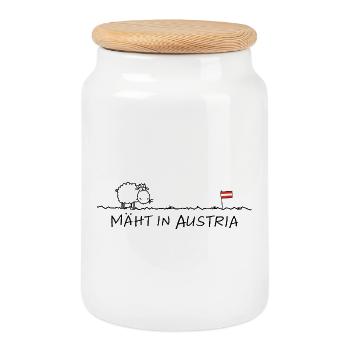 Mäht in Austria – Austria: Humor with humour - Cookie Jar with Wooden Lid - white - Front
